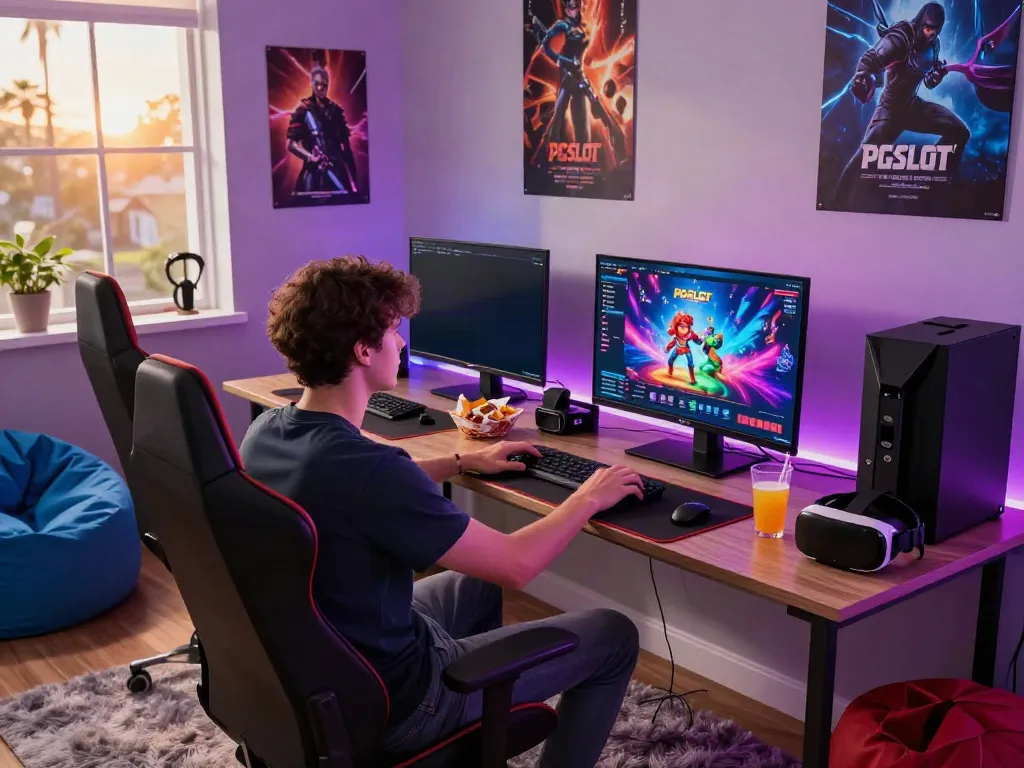 Exciting gaming setup featuring a male player enjoying PG SLOT on a vibrant monitor with ambient room lighting.