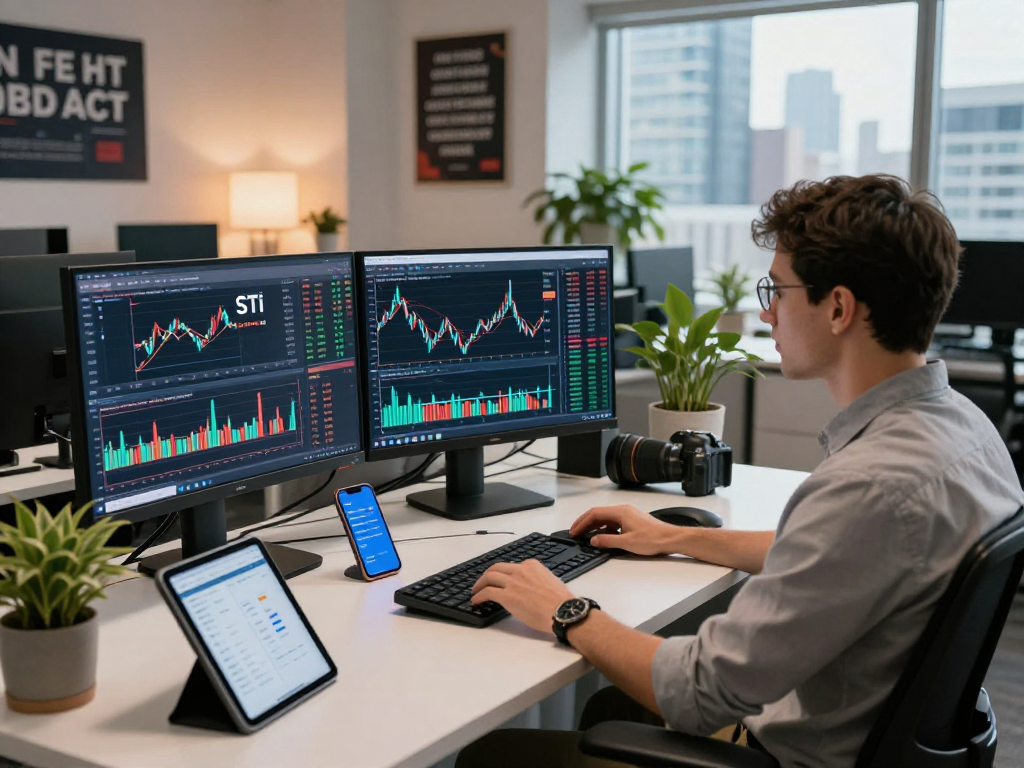 Real-time market analysis setup featuring STI index quote API details in a contemporary office.