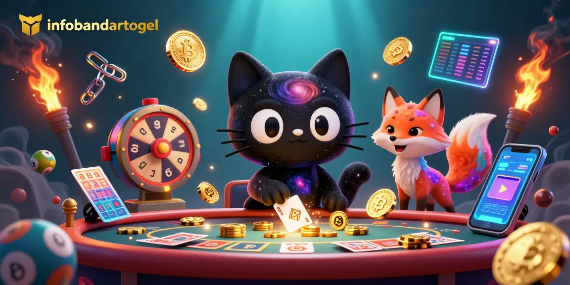Infobandartogel showcases a cosmic gambling scene with a black hole cat and nebula fox amidst lottery elements.