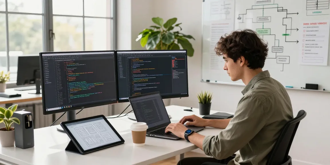 Developer building internal tools with AI in a modern tech workspace.