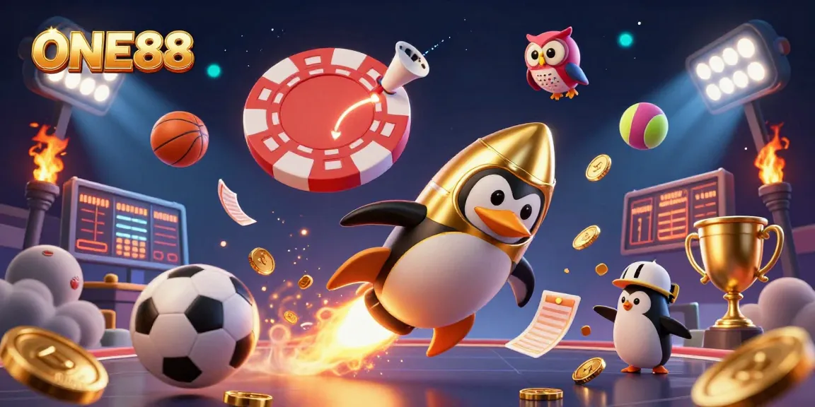 Engage with the excitement of ONE88 as the golden penguin navigates a space casino filled with dynamic sports elements.