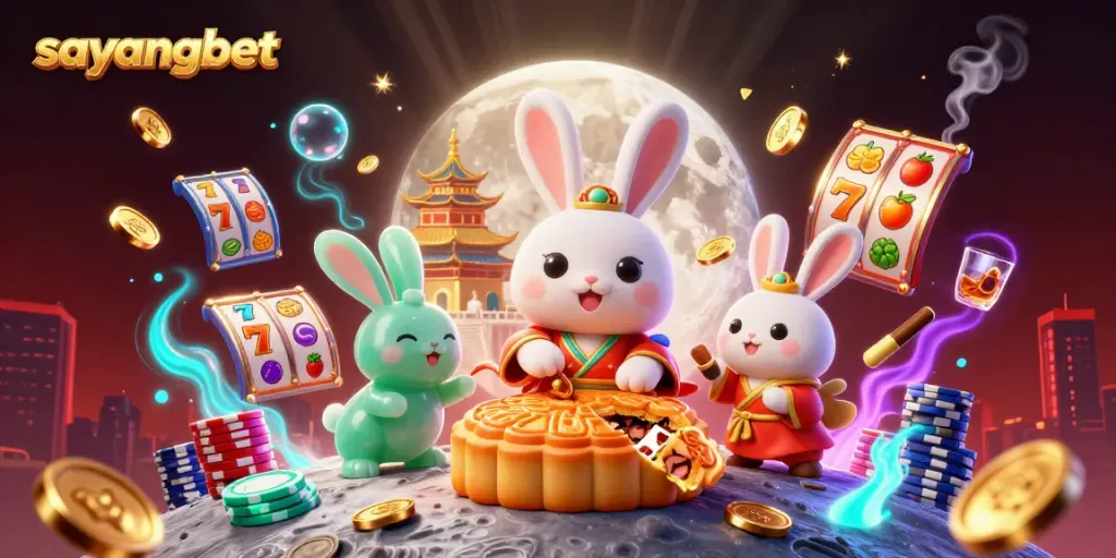 Experience the excitement of sayangbet with a dynamic scene of a moon rabbit amidst vibrant casino elements.