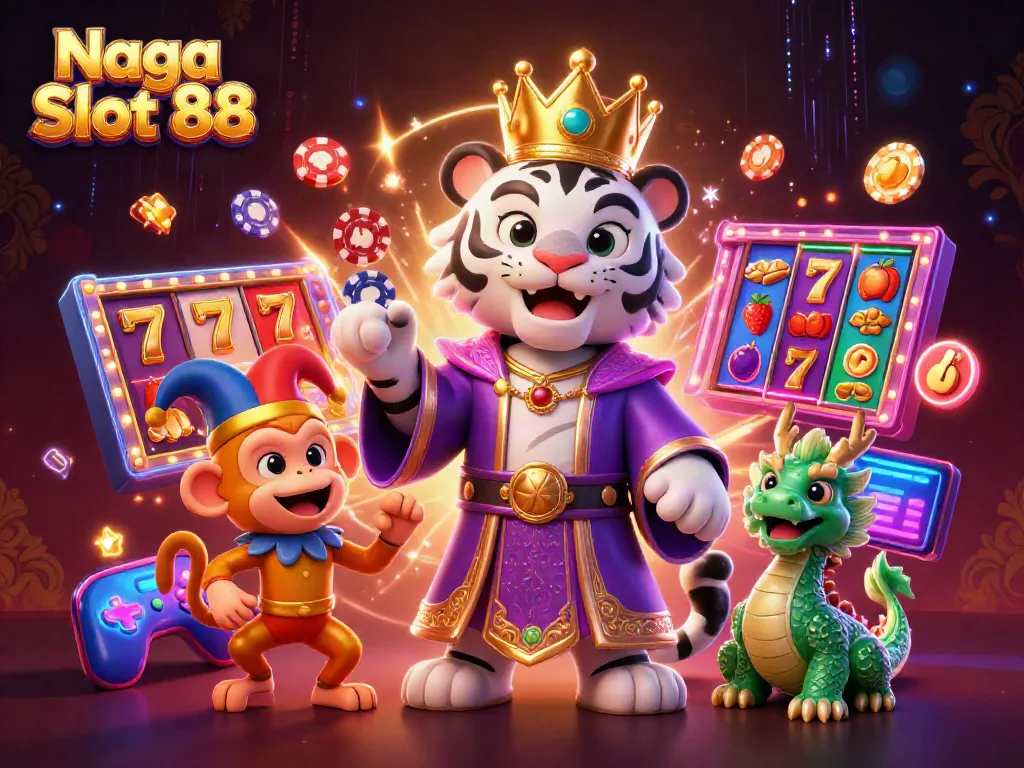 Naga Slot 88 showcases an elegant white tiger, monkey juggling poker chips amidst vibrant slot reels.