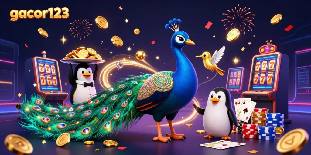 Play winning slots at gacor123 with a vibrant scene of animated casino characters and games.