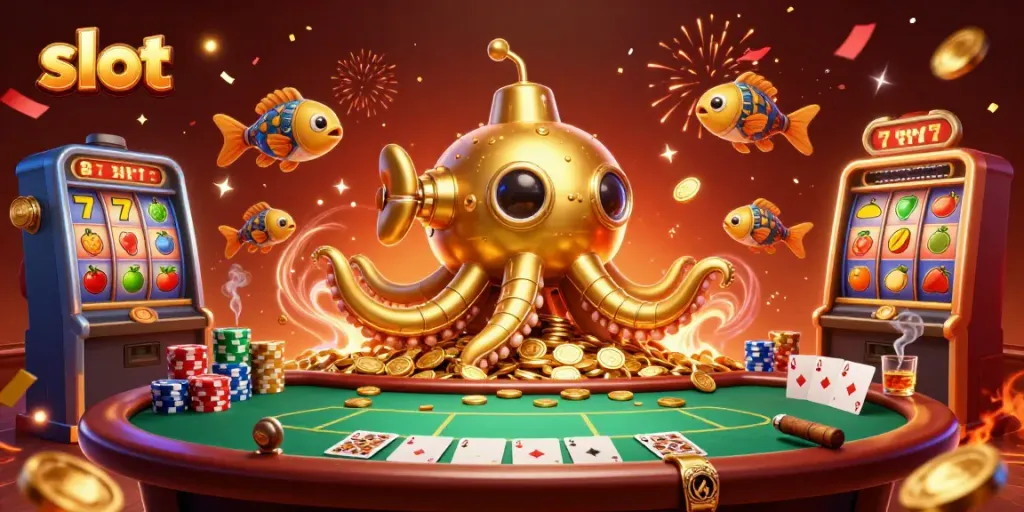 Immerse in the thrilling world of slots, featuring a golden kraken submarine amidst floating coins and vibrant slot reels.