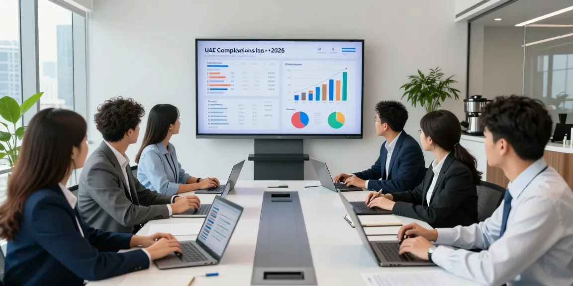 Audit Firms in UAE team collaborating in a modern office with data analysis for tax compliance.