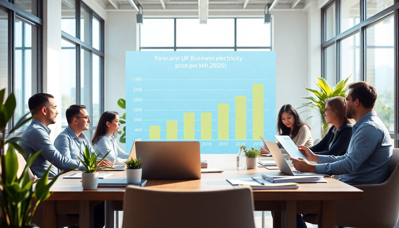 Visualize the projected UK business electricity price per kwh 2026 with a detailed infographic featuring discussions and strategies.