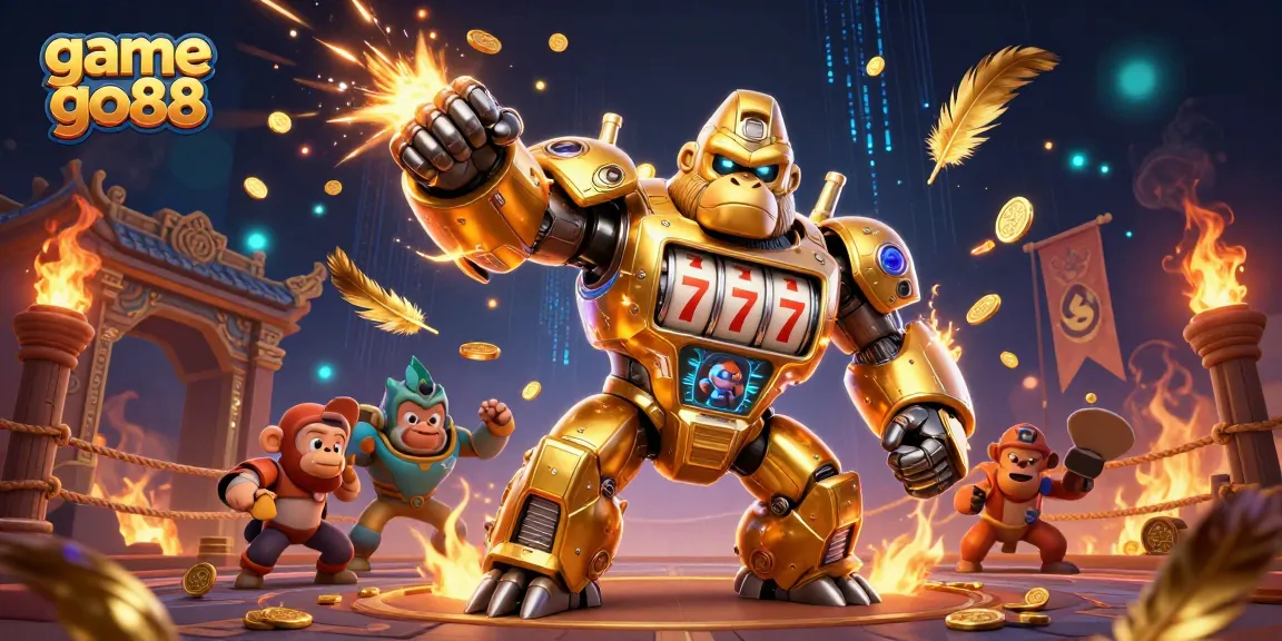 Engage with game go88 featuring a dynamic golden gorilla mech in a vibrant casino-themed illustration.