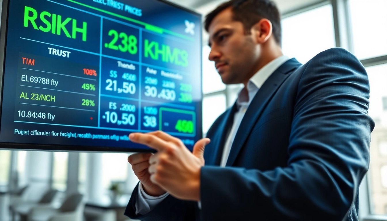 Analyze electricity business prices per kWh displayed on a digital screen in an office setting.