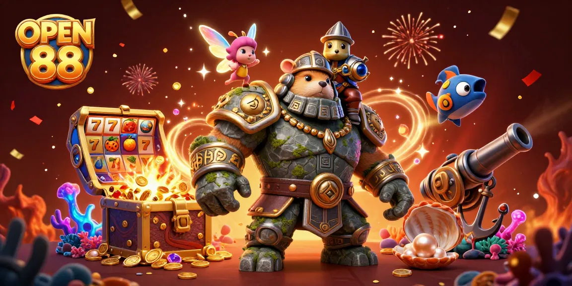 Spin and win at OPEN 88 with a magical 3D scene featuring a stone golem guardian and treasures!