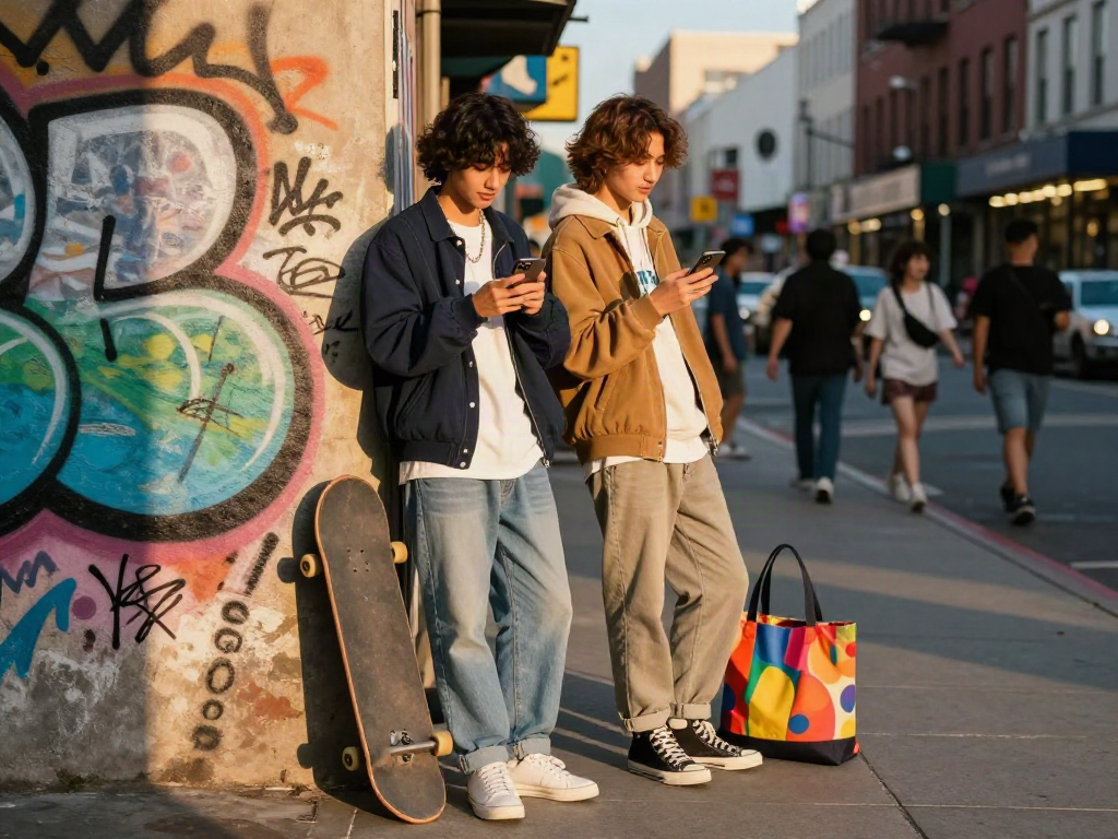 Look alikes of famous people showcased in a vibrant urban scene with a stylish doppelgänger against a graffiti wall.