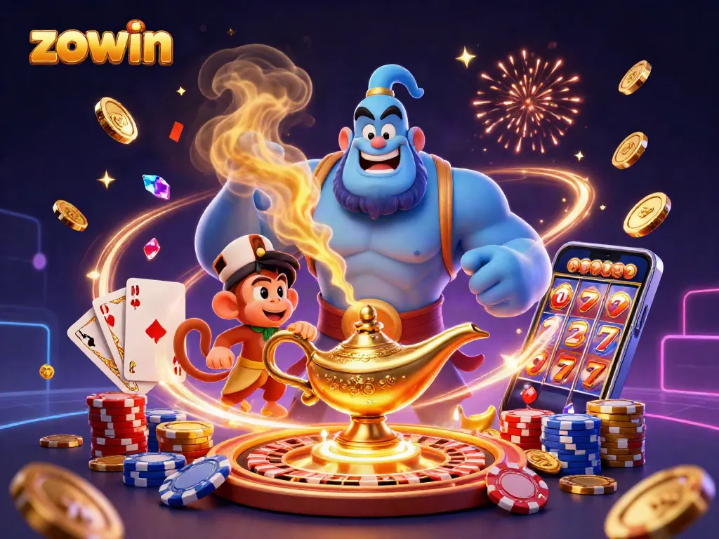 Zowin's dynamic casino scene captures thrilling gaming actions with colorful characters and rich graphics.