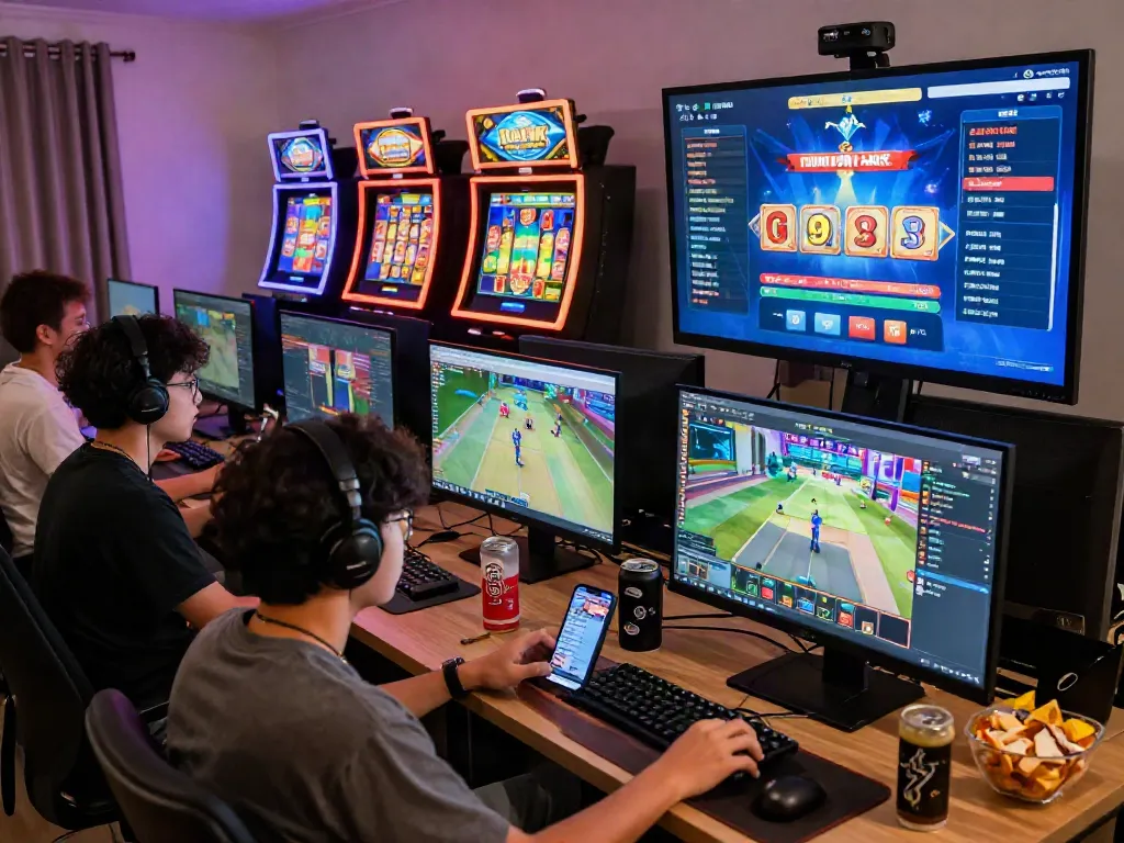 Exciting online gaming session with players enjoying slot gacor games on vibrant interfaces, showcasing community and wins.
