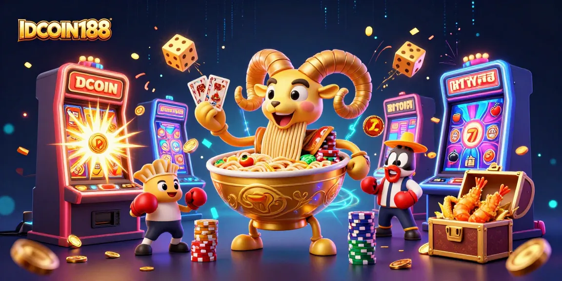 IDCOIN188 entertains with a vibrant casino scene featuring dynamic characters and thrilling slot elements.