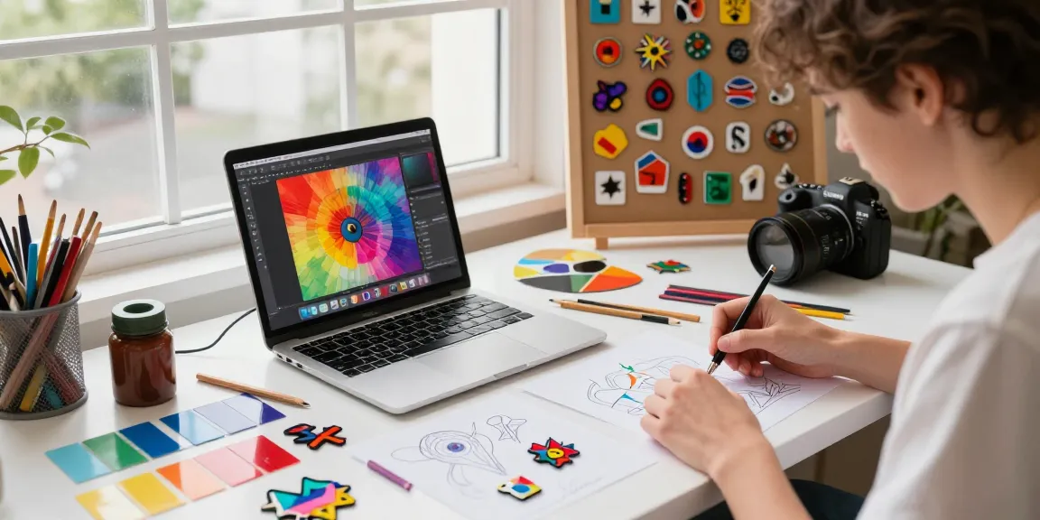 Custom acrylic pins design scene in a vibrant art studio with tools and sketches.
