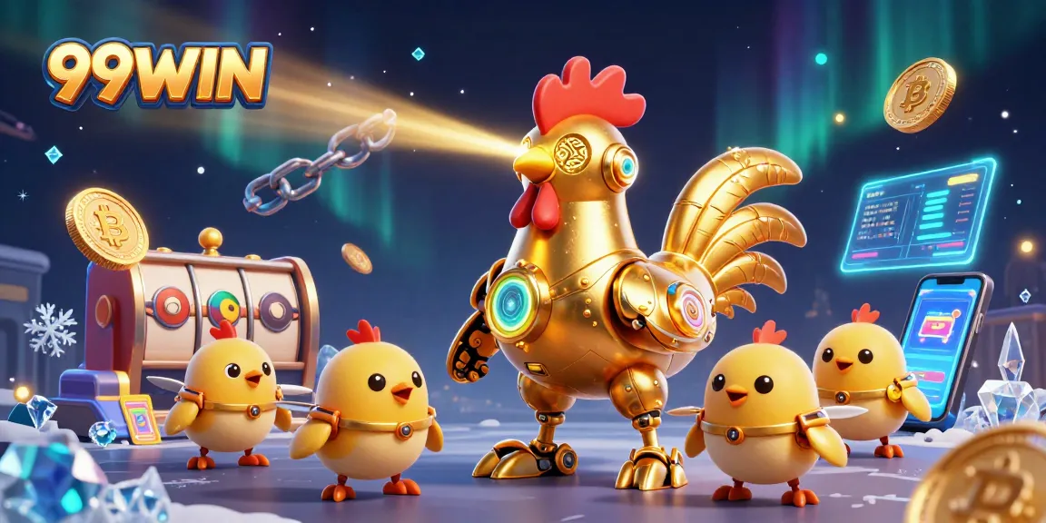 Experience the thrill of 99WIN with a golden rooster robot and crypto-themed elements in a vibrant casino setting.