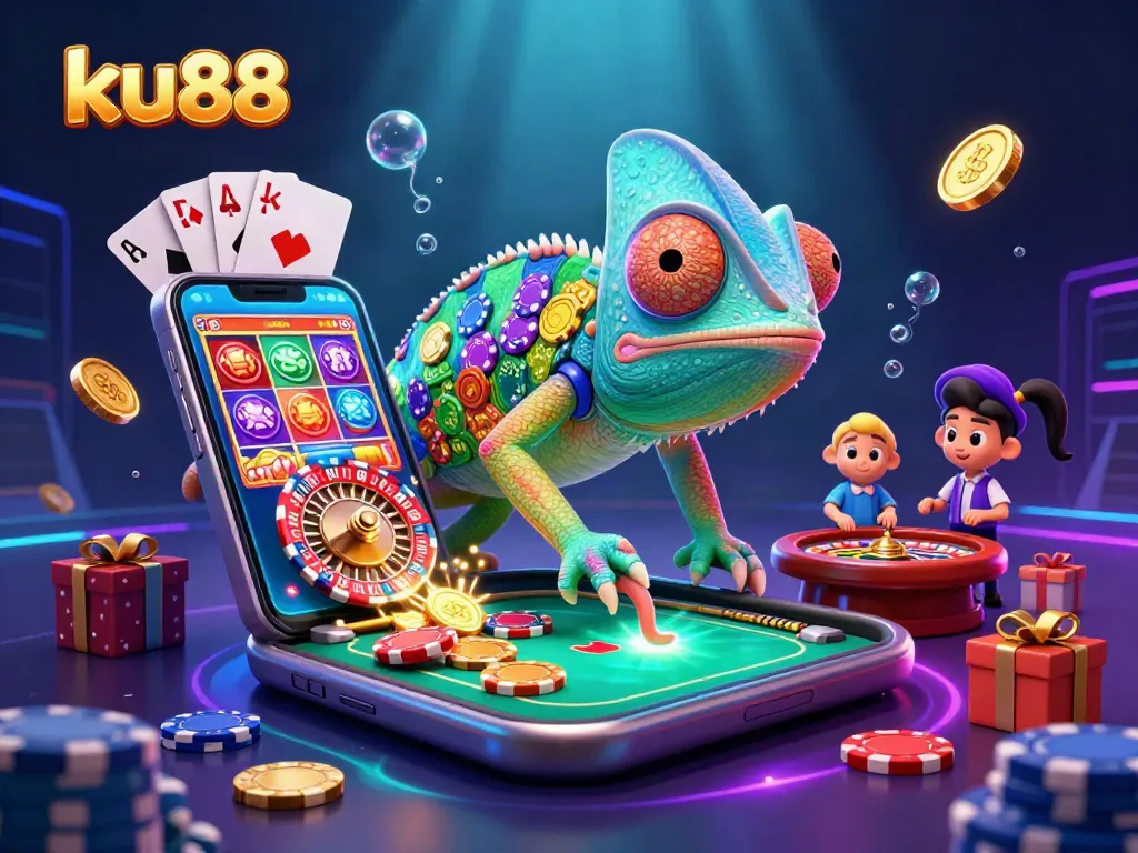 Experience thrilling gameplay at ku88 with the chameleon casino owner surrounded by vibrant slot game elements.