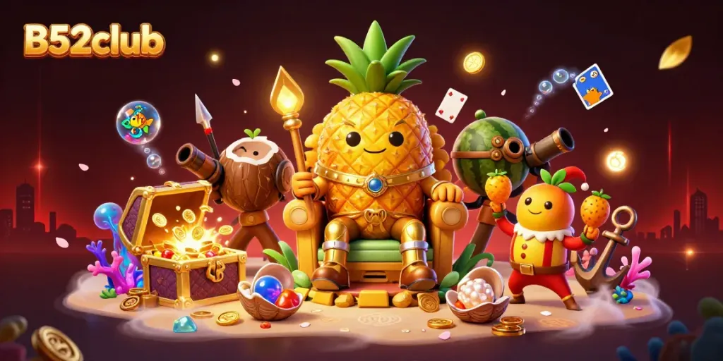 Experience the vibrant world of B52club with a 3D golden pineapple king at a tropical beach casino.