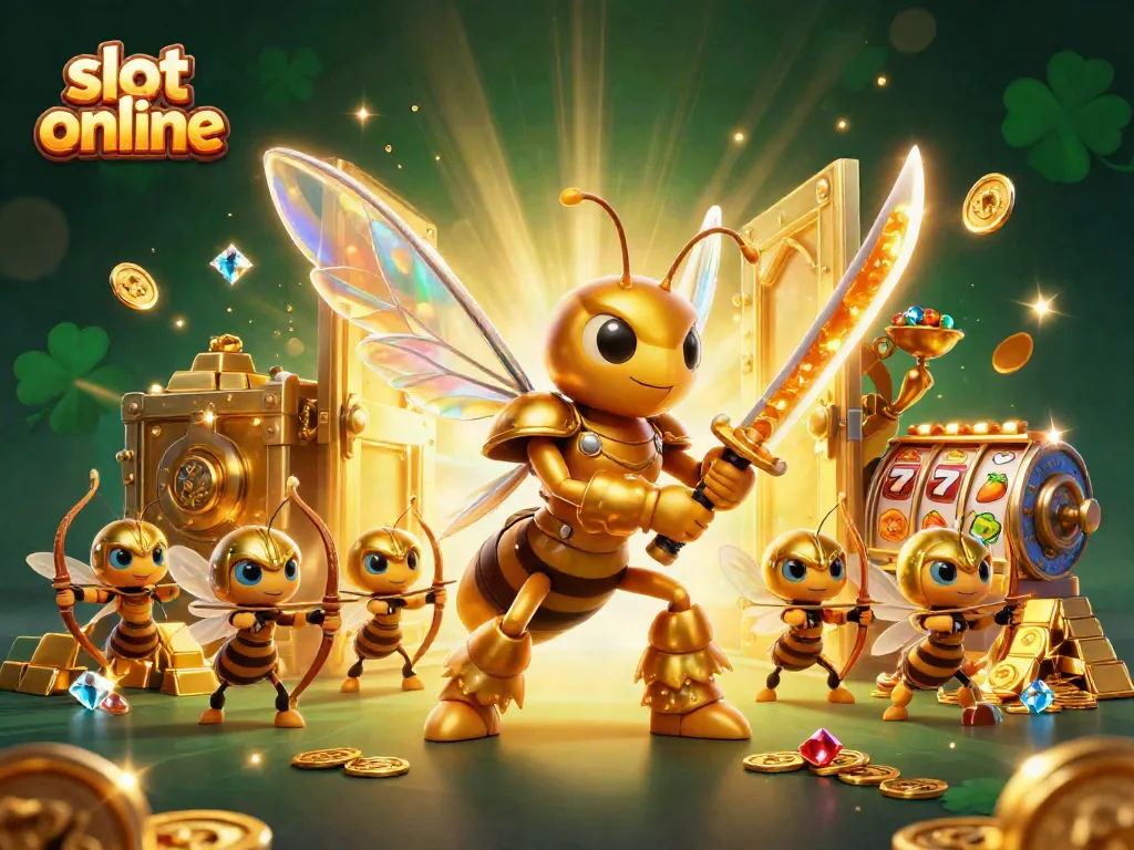 Engage with slot online action featuring a dynamic illustration of a golden hornet warrior and bee archers in a treasure-filled scene.