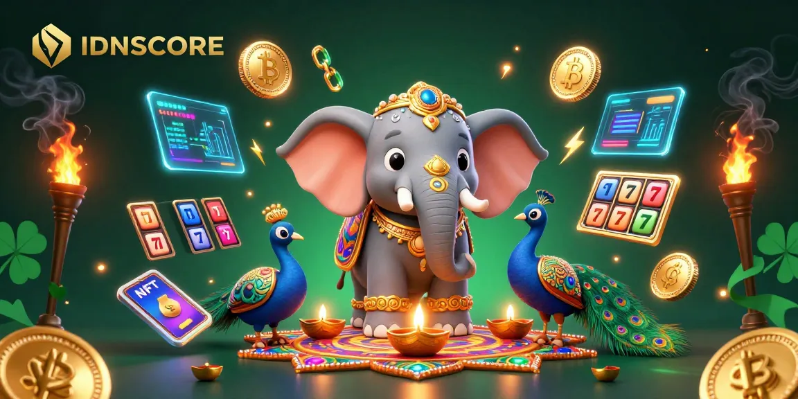 Experience the thrill of IDNSCORE with vibrant visuals of slot games, crypto elements, and festive characters.
