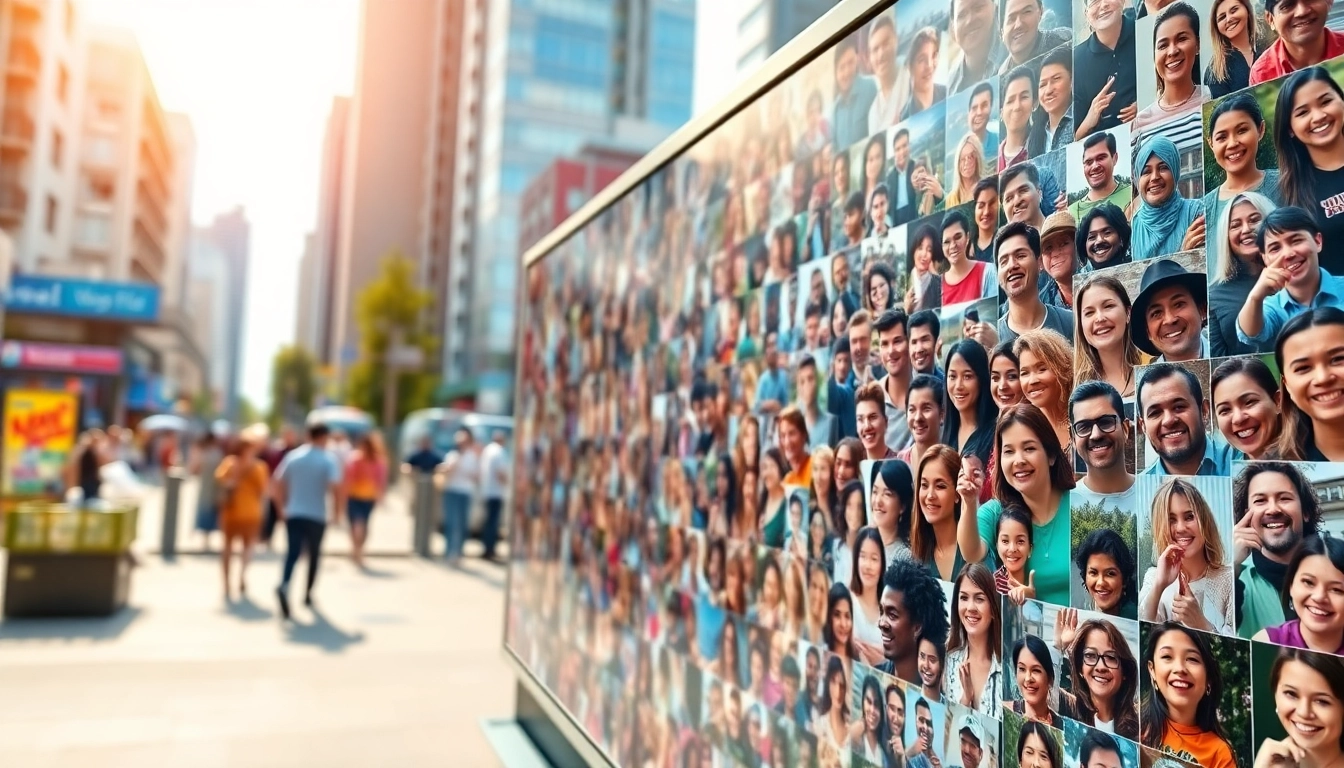 Engage with a vibrant interactive photo wall showcasing diverse selfies in an urban setting.