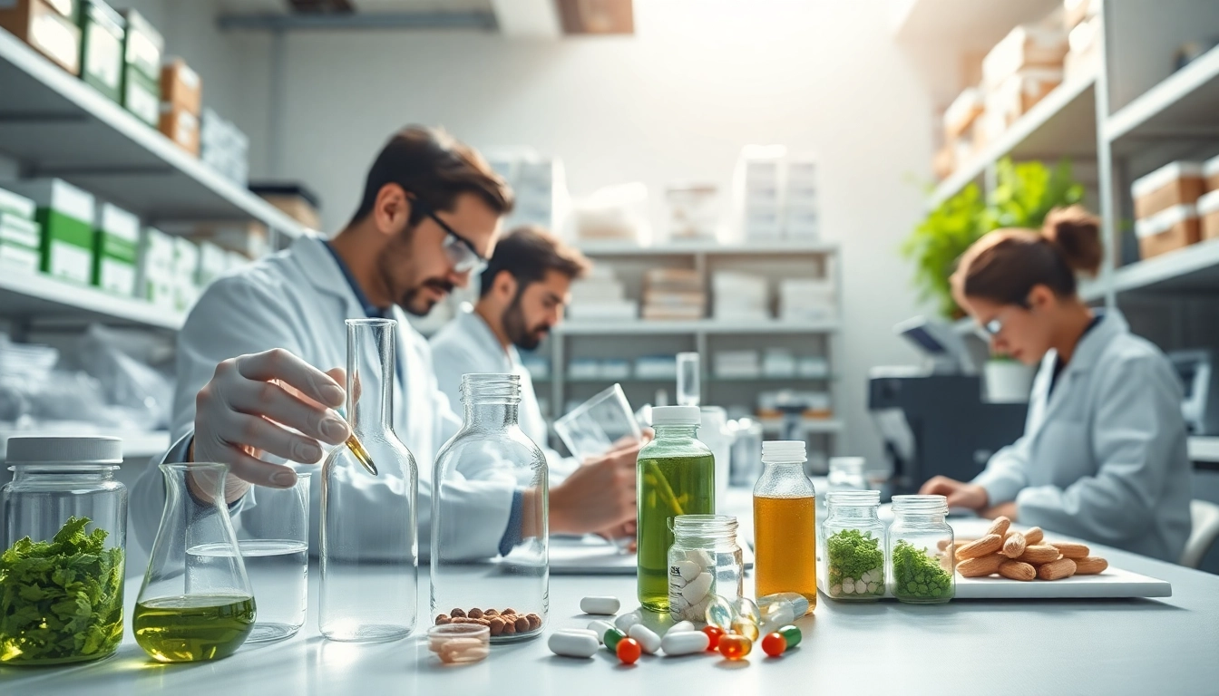 Laboratory of a supplement manufacturer with scientists analyzing ingredients and formulations.