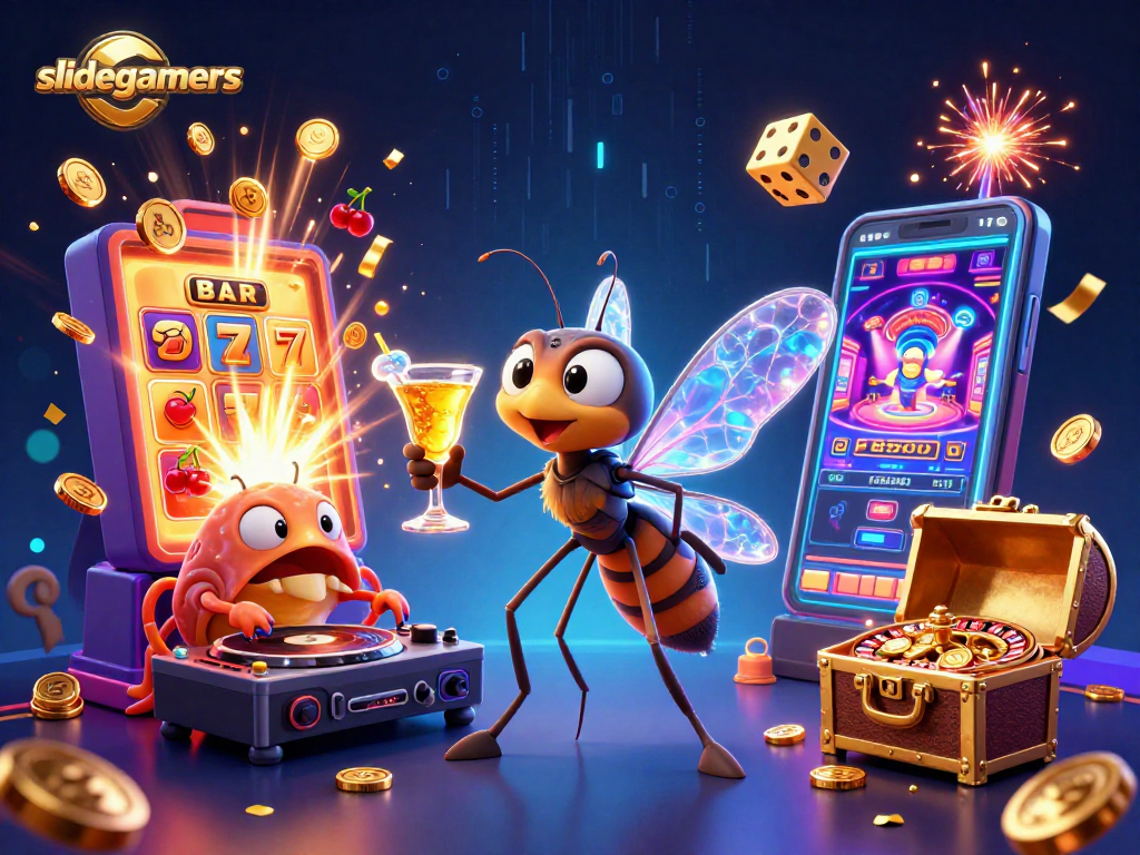 Engage with slidegamers as a frozen-in-amber mosquito mascot and fossil DJ amidst vibrant casino elements.