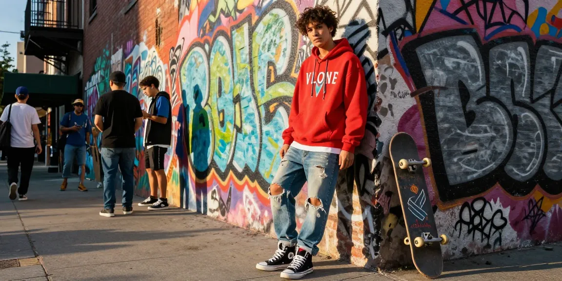 Stylish person in a bold vlonehodie hoodie, embodying urban fashion and individuality in a vibrant city.