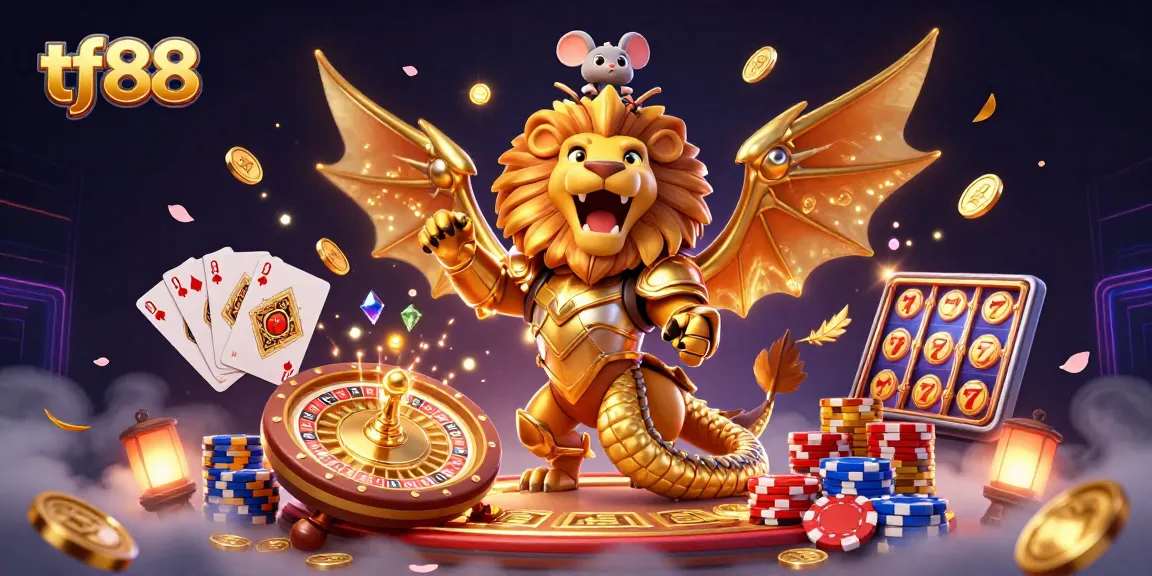 Experience thrilling gameplay at tf88 with a triumphant chimera creature and vivid casino elements.