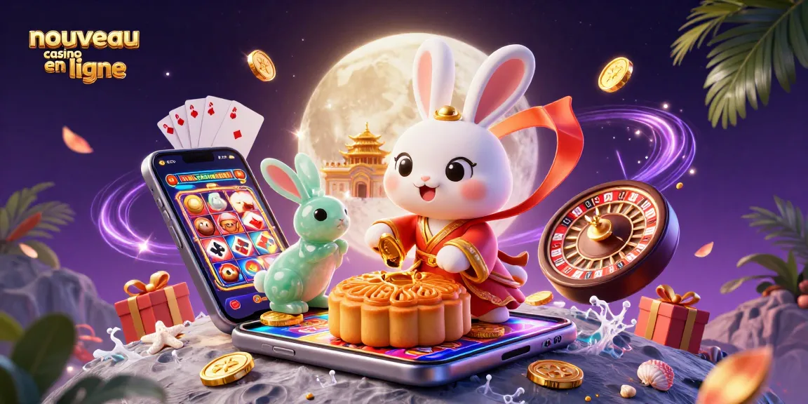 L'illustration dynamique représente un nouveau casino en ligne avec un lapin de lune, des jetons de poker et des jeux colorés.
