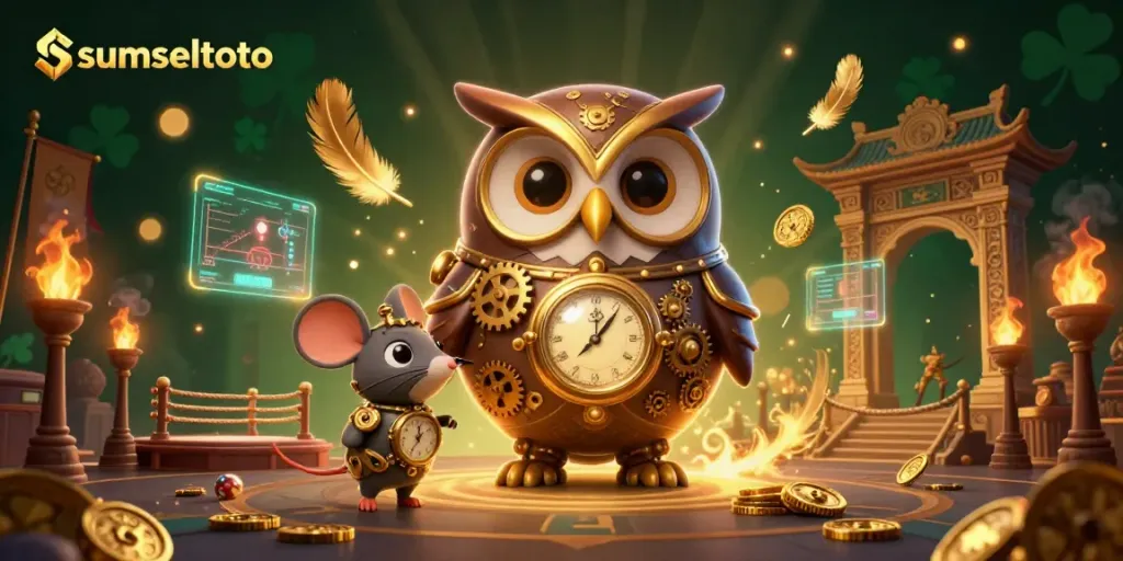 Engage with sumseltoto through thrilling 3D illustrations of a steampunk owl and dynamic casino elements.