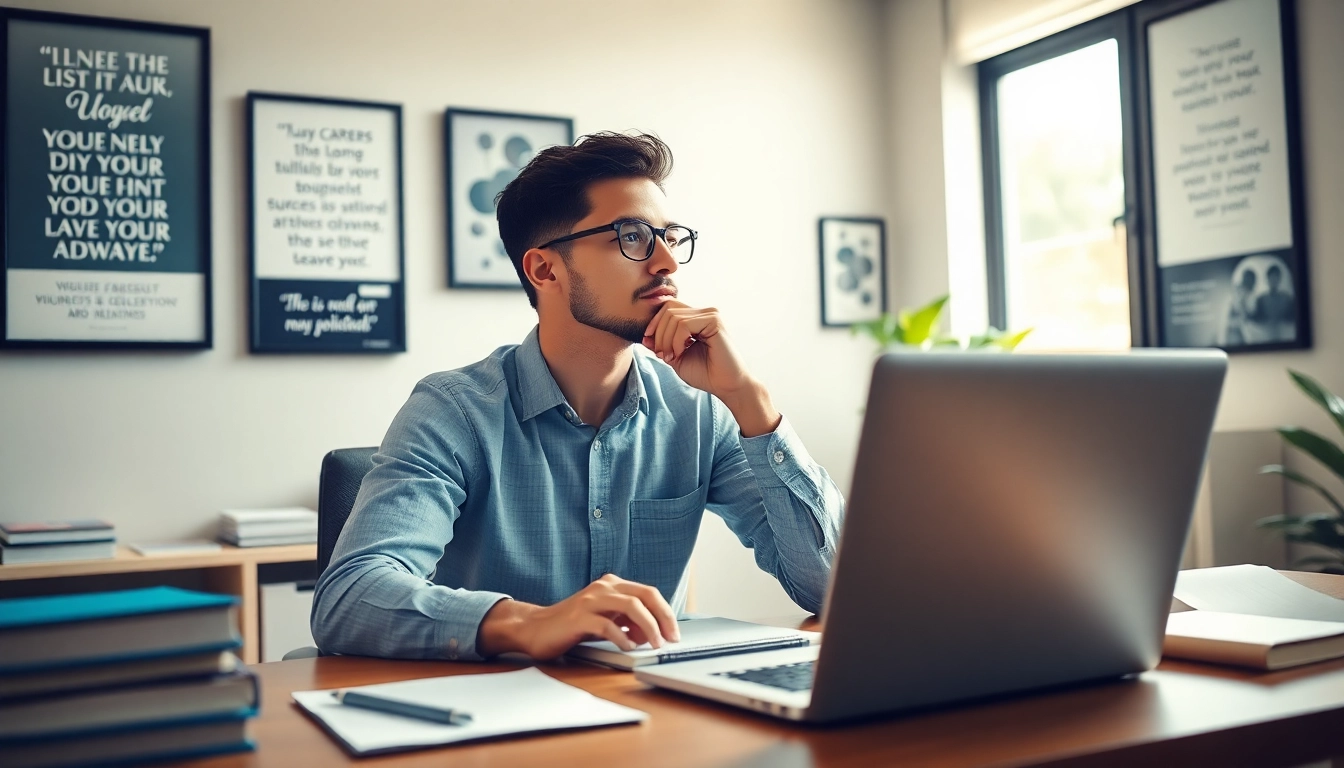 Find my true calling through self-reflection at a modern workstation filled with inspiring career materials.