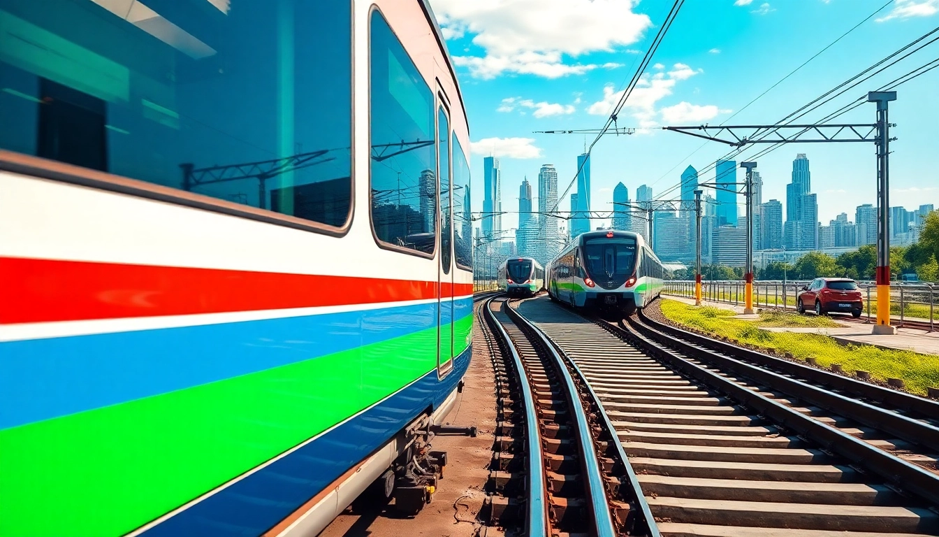 Explore the efficient universal rail system showcasing sleek trains across a modern cityscape.