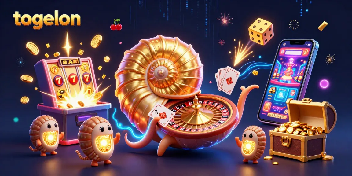 Togelon showcases vibrant 3D casino elements with a giant nautilus roulette and a jackpot explosion of coins.