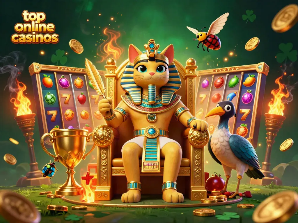 Engage with top online casinos at a vibrant illustration of a pharaoh cat and dynamic slots.