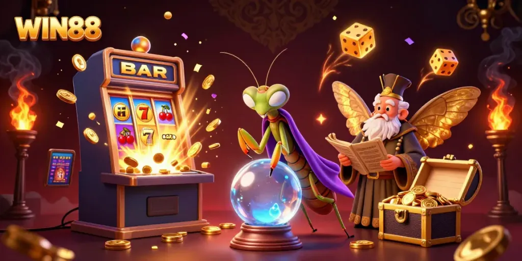 WIN88 themed casino illustration of a fortune teller and librarian surrounded by slot machines and gold.