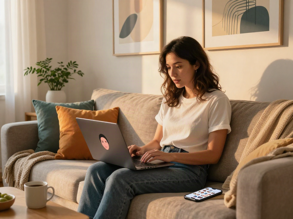 Engaged user exploring how old do I look using an AI app in a cozy living room.