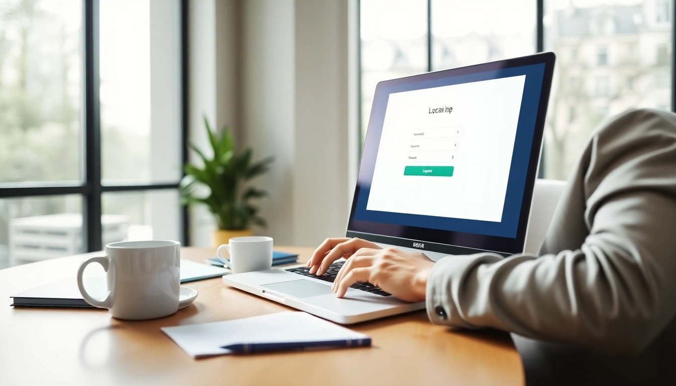 Access the my o2 business login on laptop in a bright office setting, emphasizing user engagement.