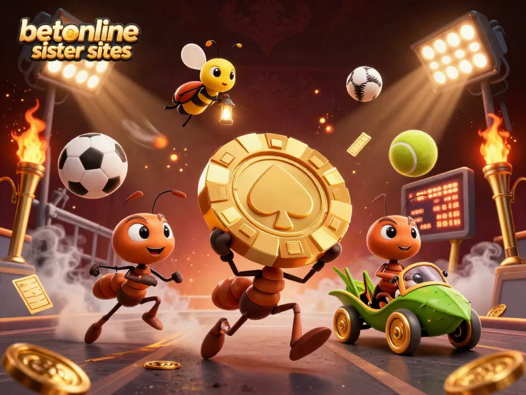 Experience thrilling action with betonline sister sites as ants maneuver a giant poker chip through a vibrant heist scene.