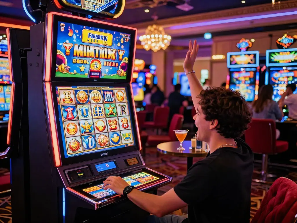 Player celebrating a slot jackpot win with vibrant casino lights in the background.
