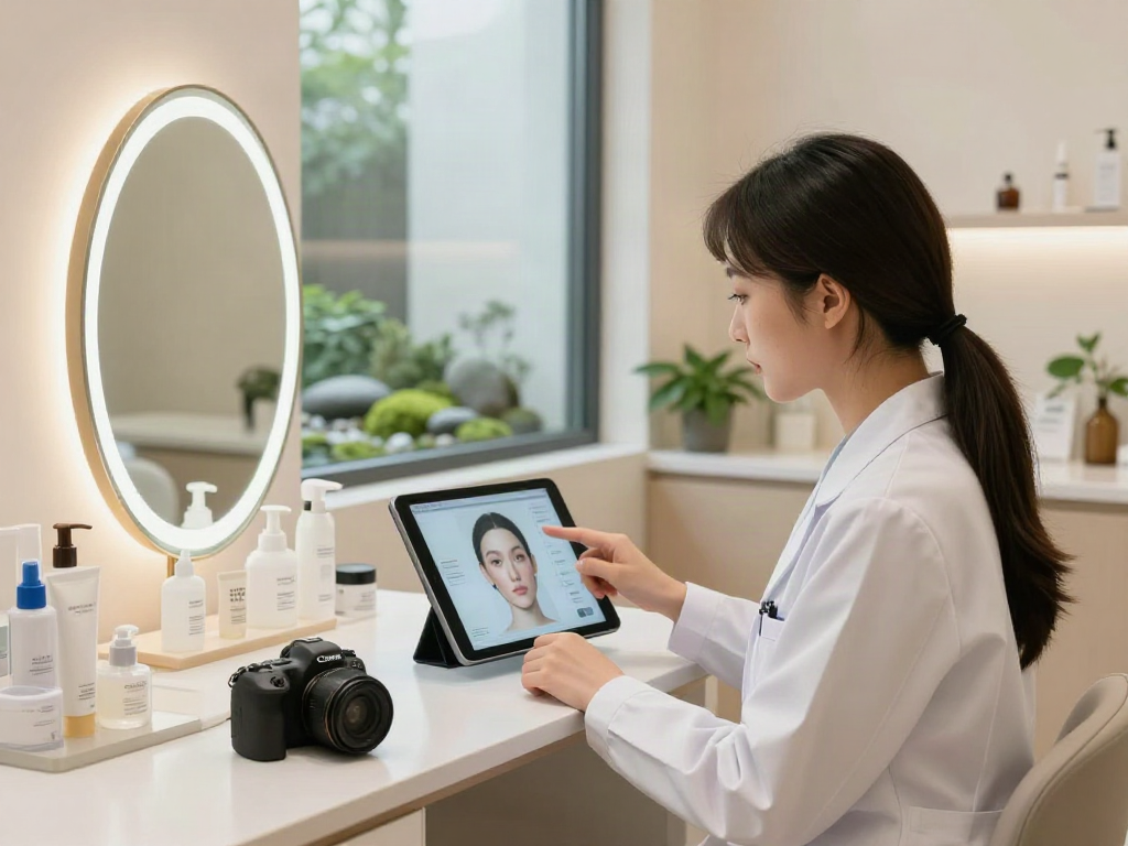 Woman receiving facial analysis in a modern clinic, illustrating why ClinicEvo is a better alternative to QOVES.