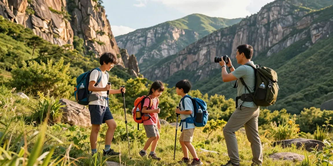 Family adventure scene exploring mountain trails with mantra88, capturing moments of joy and nature.