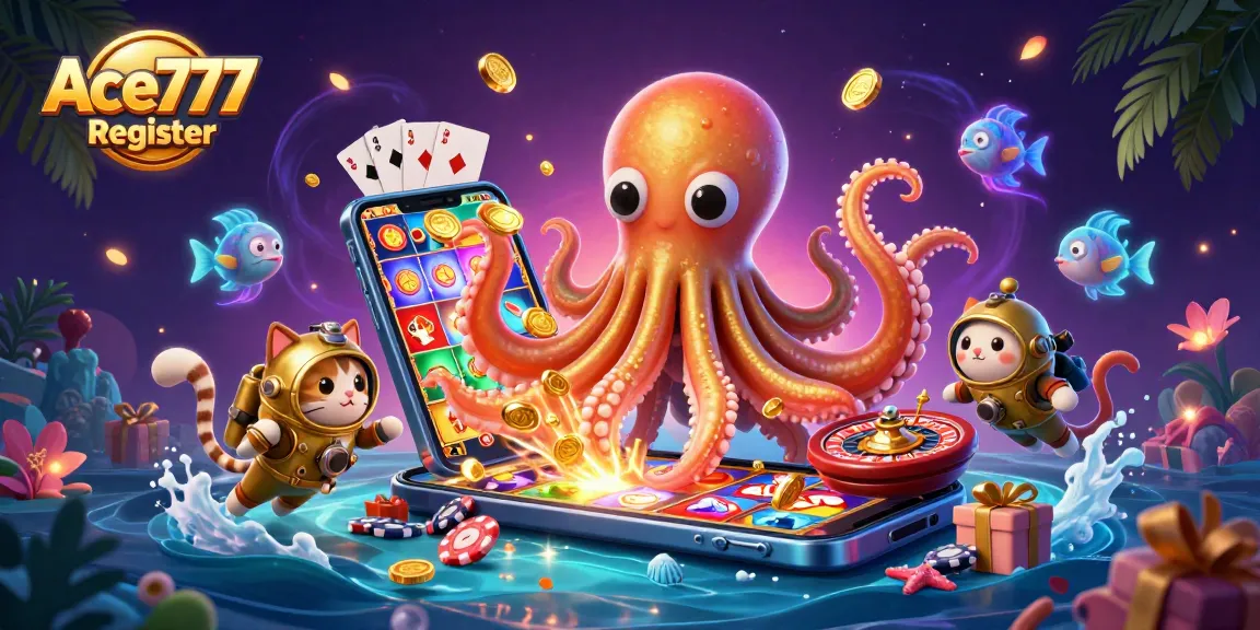 Ace777 Register to enjoy thrilling casino games featuring slot reels and a mythical kraken.
