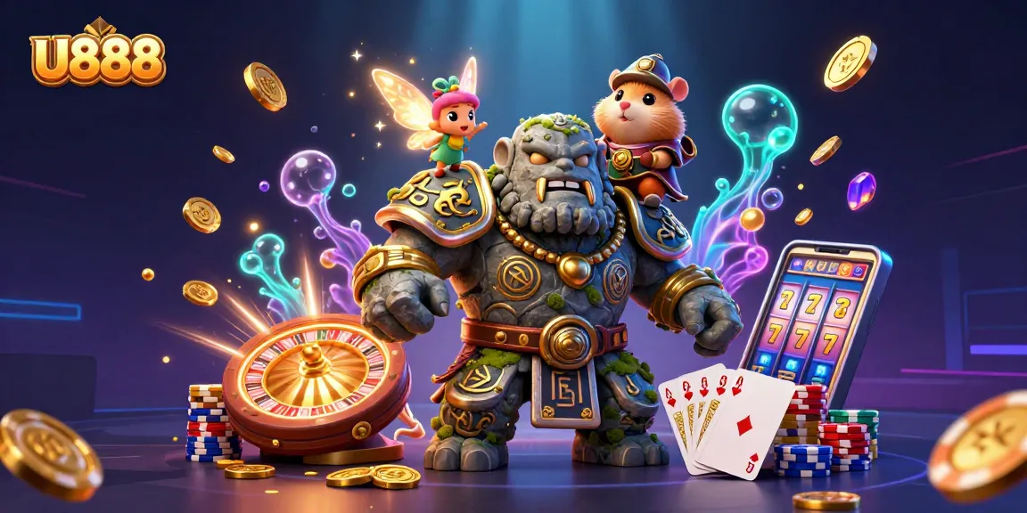 U888 spins into action with a dynamic golem, fairy, and hamster knight amidst cascading gold and gems.