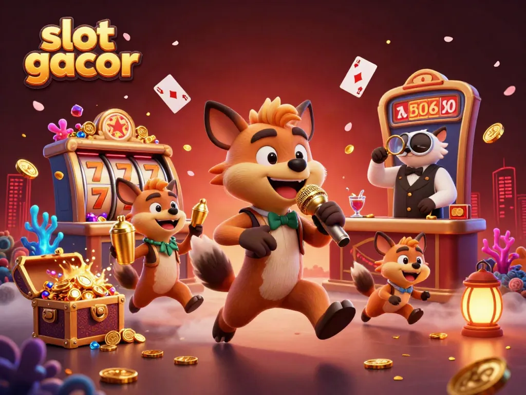 Ilustrasi 3D slot gacor dengan karakter hyena di klub kasino, menunjukkan suasana ceria dan detail memukau.