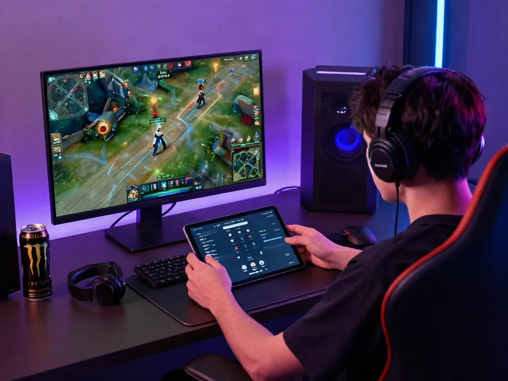 Player engaging with bro138 slot on mobile device in a vibrant gaming setup.