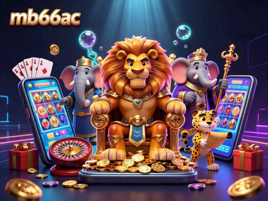 Spin the reels with mb66ac's dazzling casino scene featuring a lion king and companions.