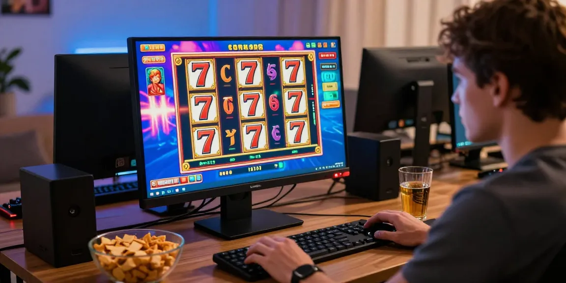 Person immersed in playing 777 slot games on a vibrant computer setup.