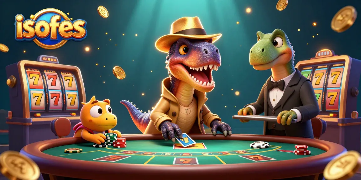 Experience the excitement of isofes with a dynamic casino scene featuring cartoon dinosaurs enjoying slots.