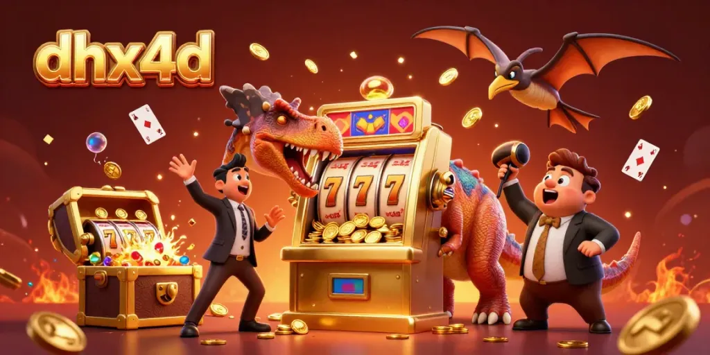 dhx4d memicu jackpot koin dengan T-Rex dan pertunjukan koin emas yang terbang.